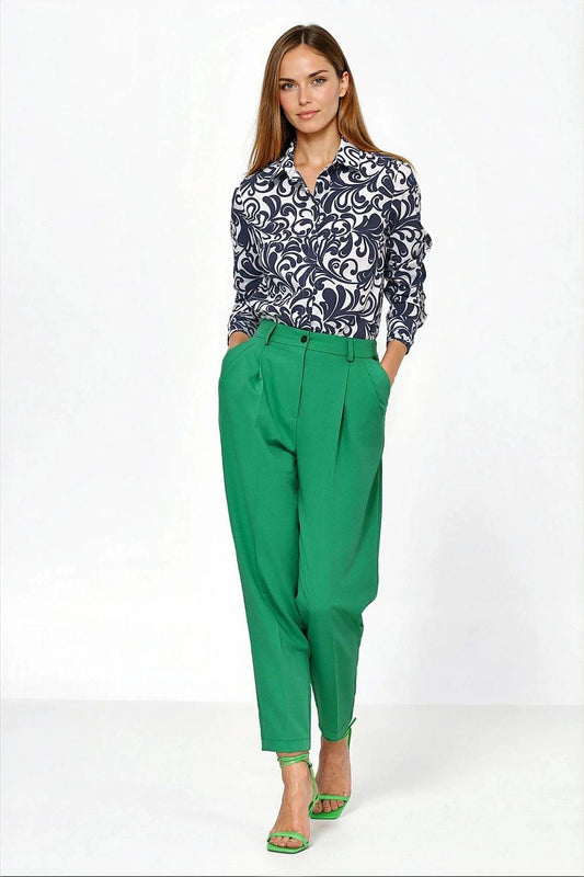 Women’s green high-waist ankle trousers with pleated front and cuffed hem