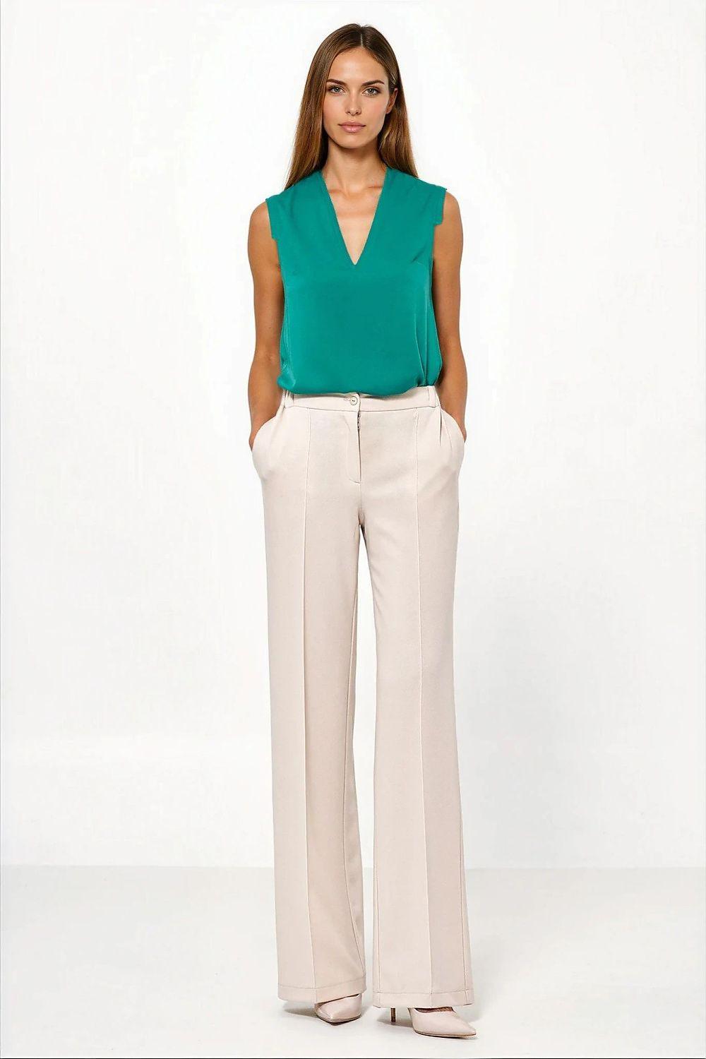 Green sleeveless viscose blouse with V-neck, front view