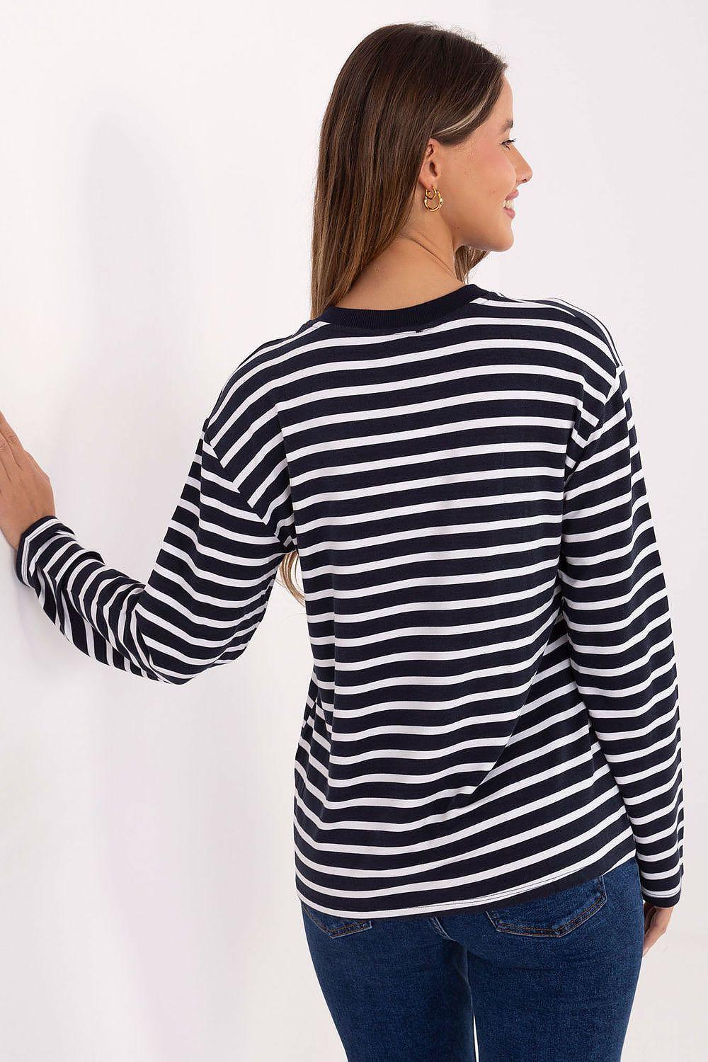 Striped long-sleeve blouse with crew neck, navy and white stripes, back view