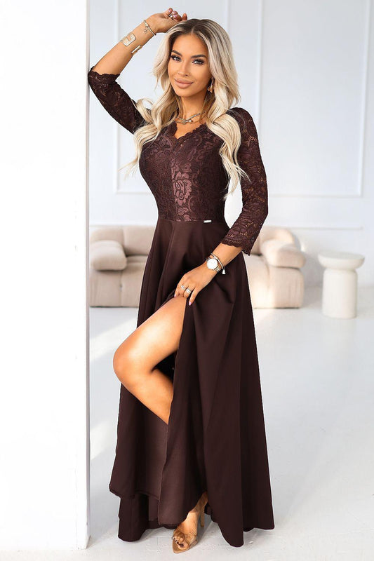 Maxi lace dress in dark brown with fitted lace bodice, long sleeves, thigh slit