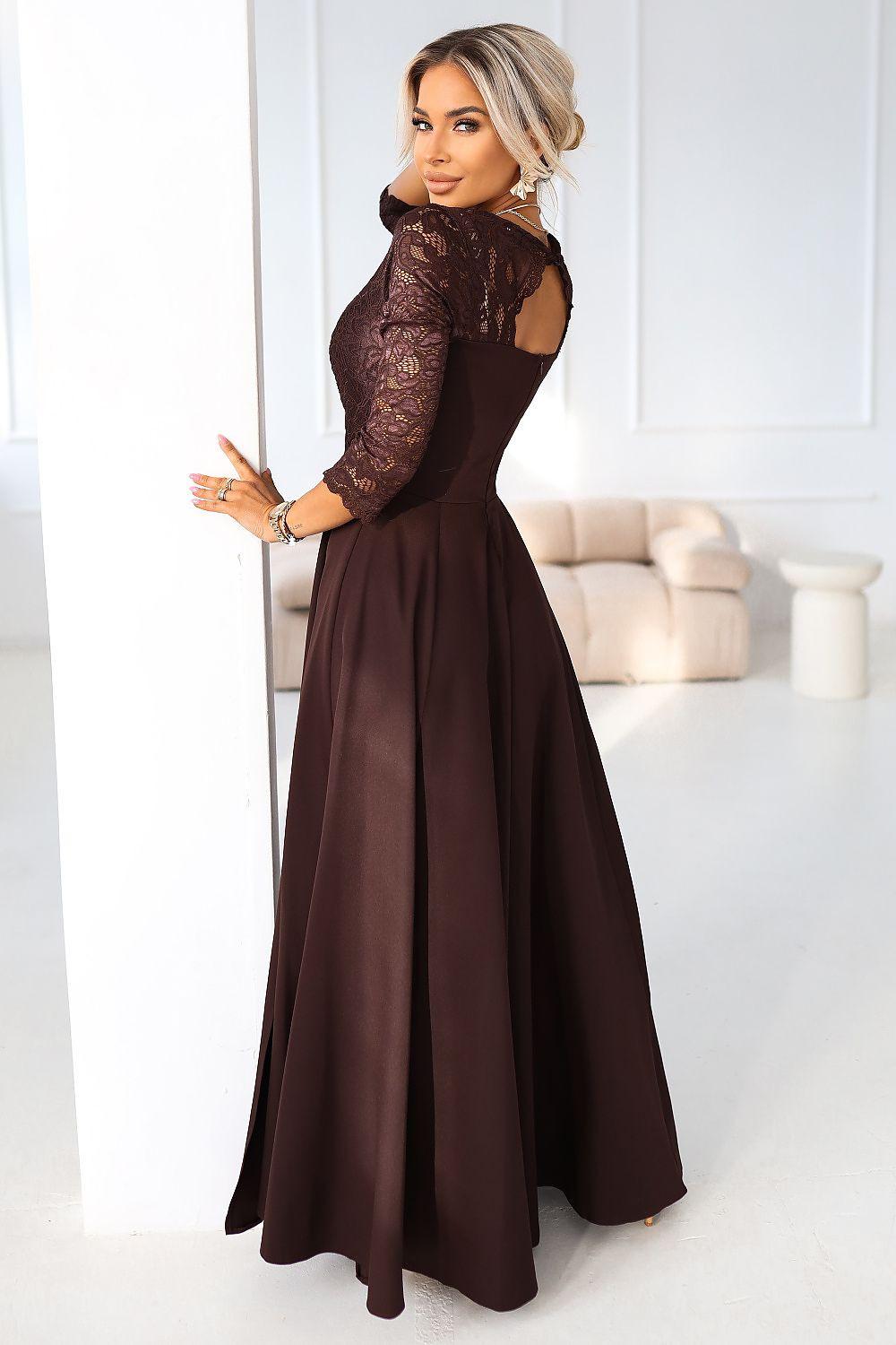 Dark brown lace maxi dress with sheer long sleeves and a flared skirt