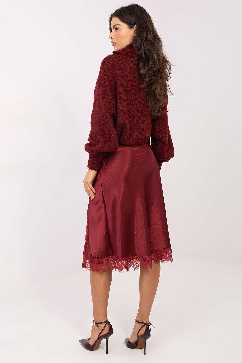 Burgundy midi skirt with lace-trim hem and satin finish