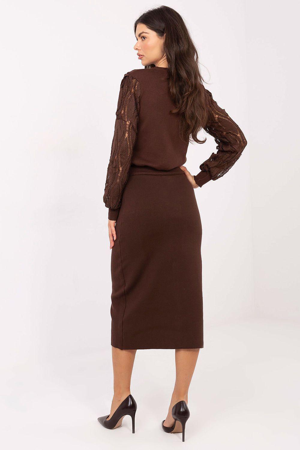 Brown midi pencil skirt with gold button detailing, back view