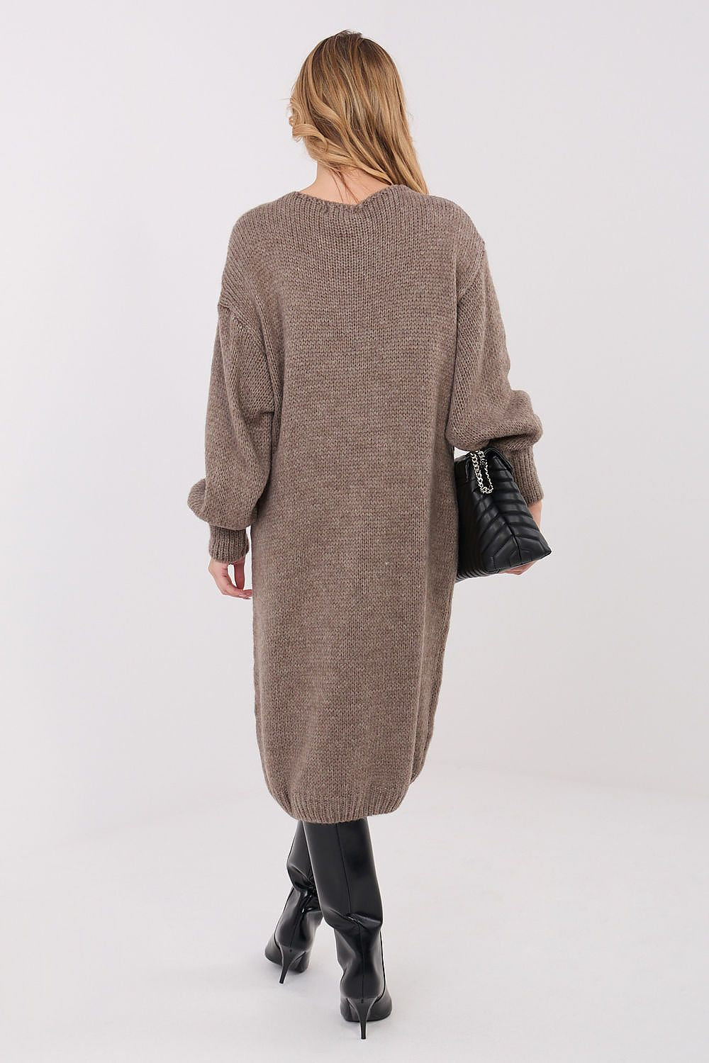 Oversized knit midi daydress, taupe beige, back view, long sleeves