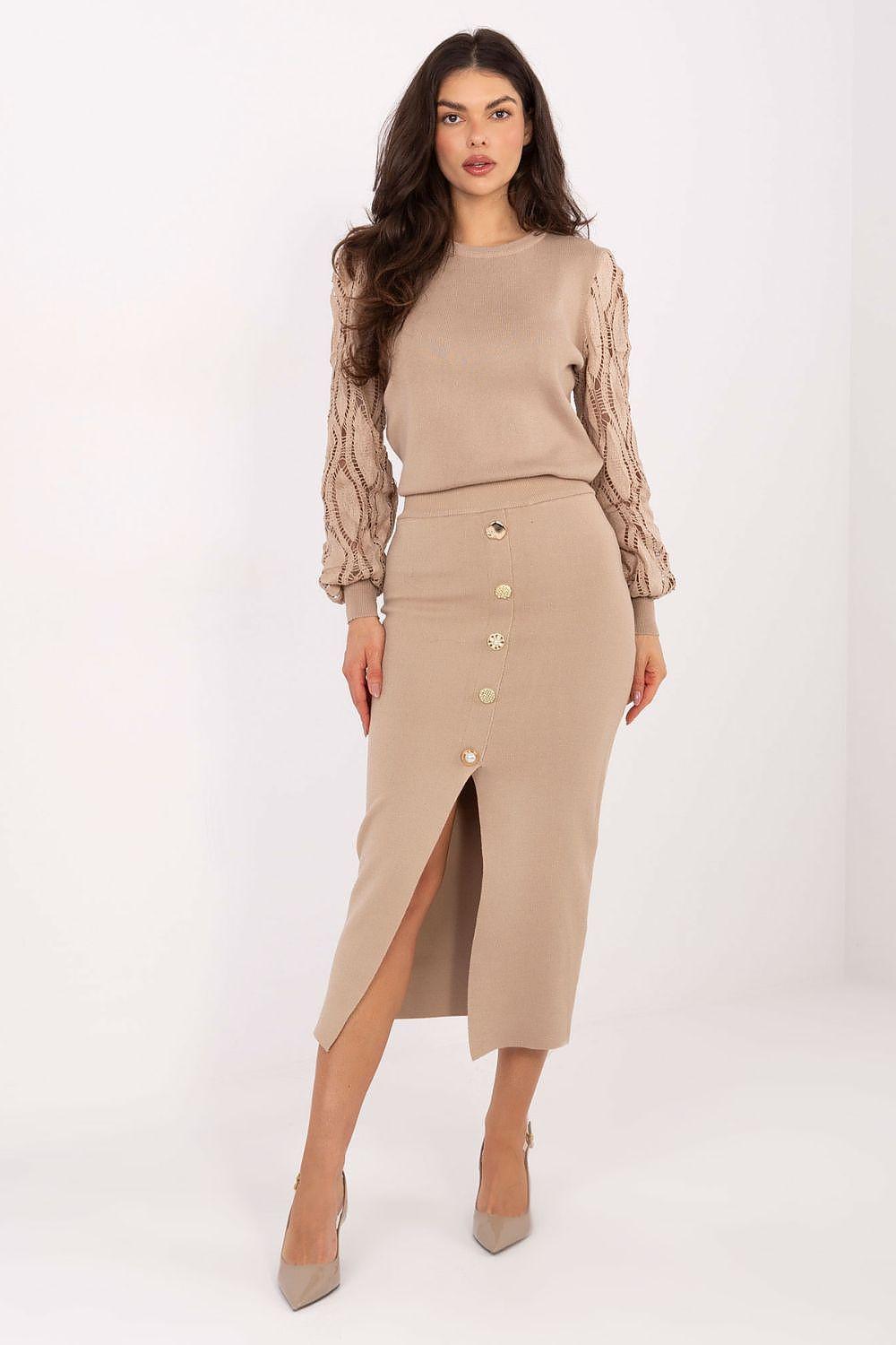 Beige knit midi skirt with decorative front buttons and center slit hem