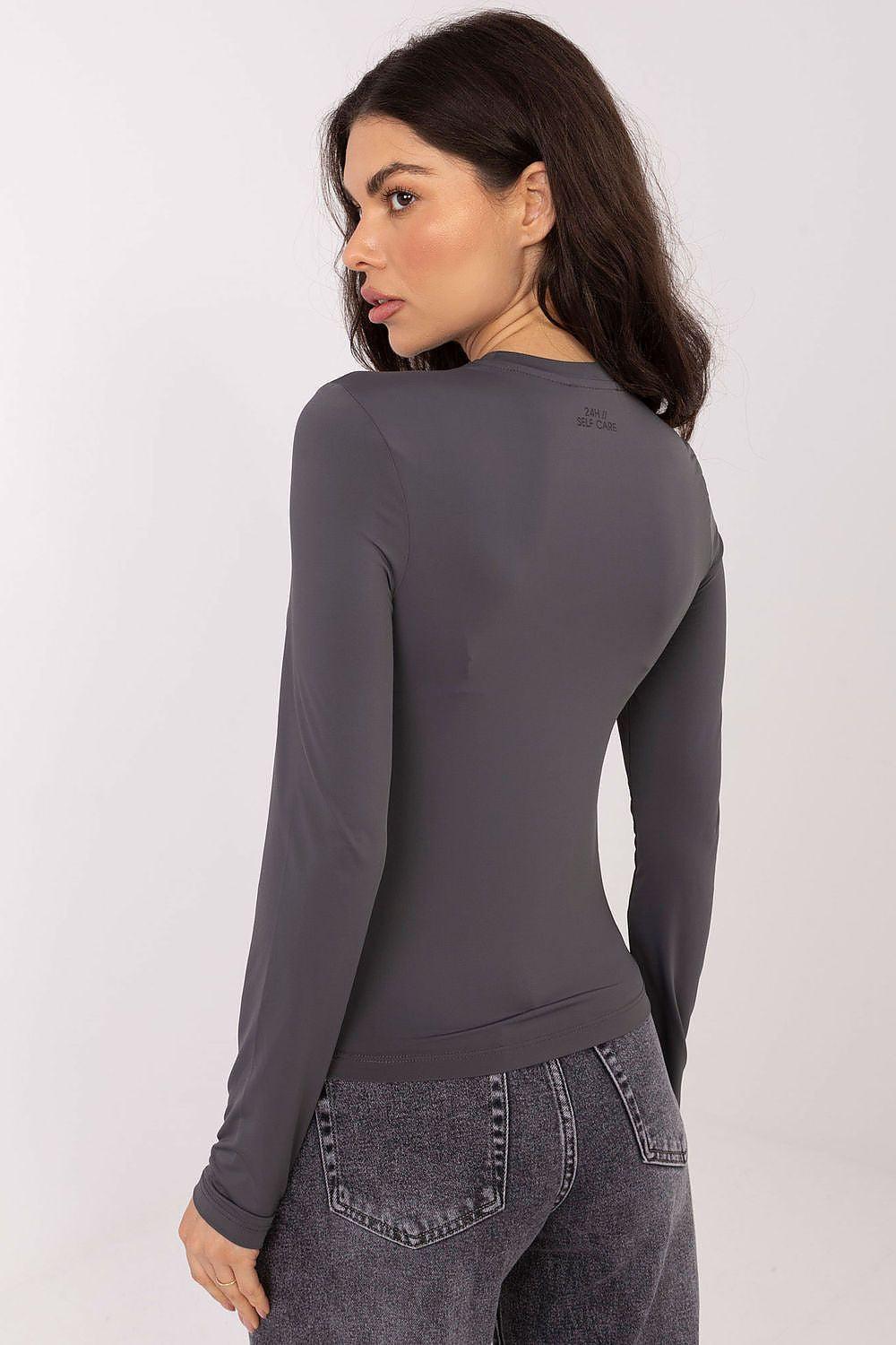 Fitted long-sleeve blouse in dark grey, round neck, smooth stretch fit at back
