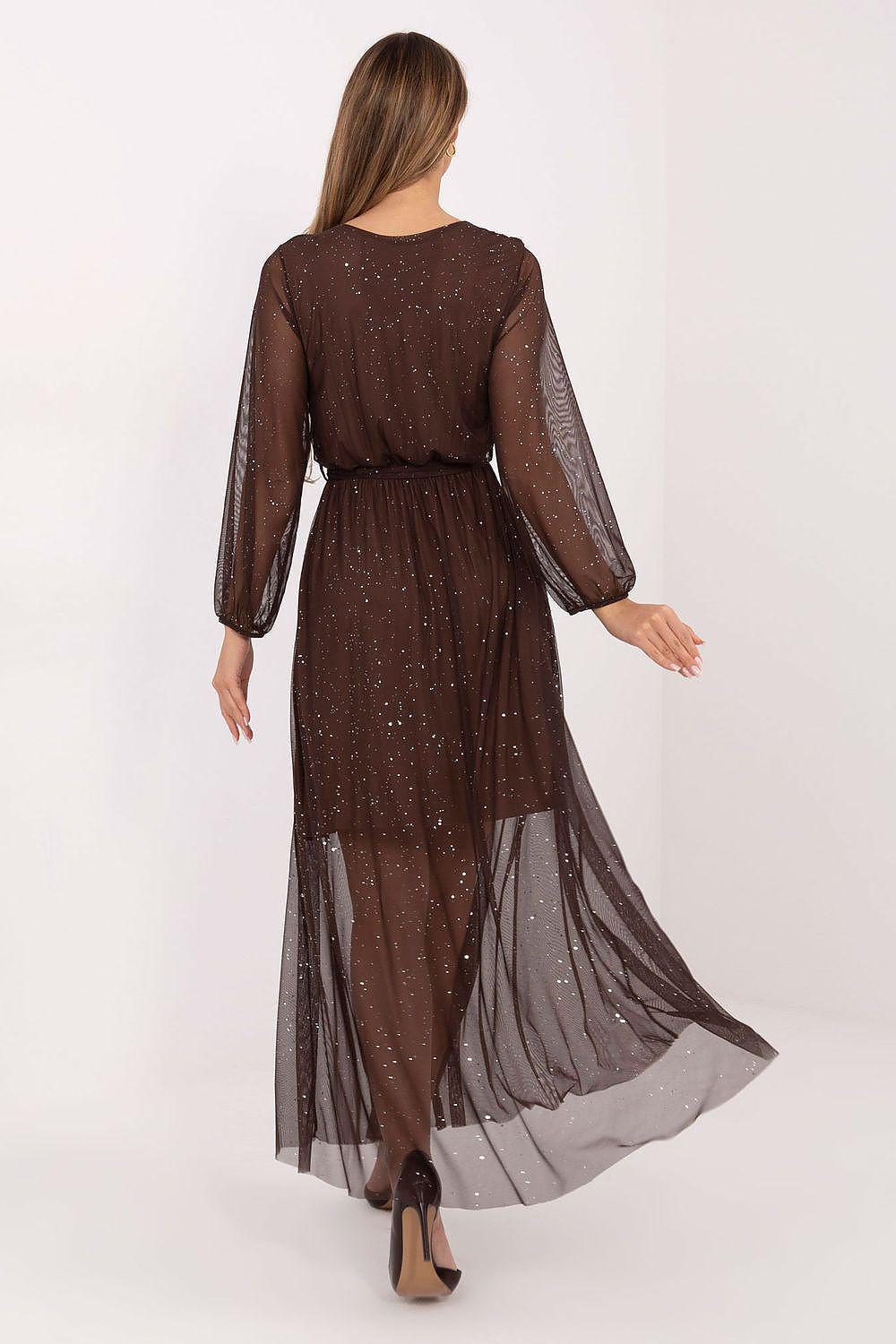 Dark brown long sheer maxi dress, back view, cinched waist and layered hem