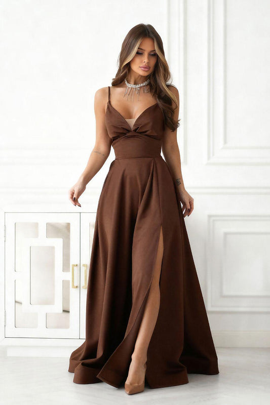 Brown maxi dress with sweetheart neckline, sleeveless corset-style bodice and high slit