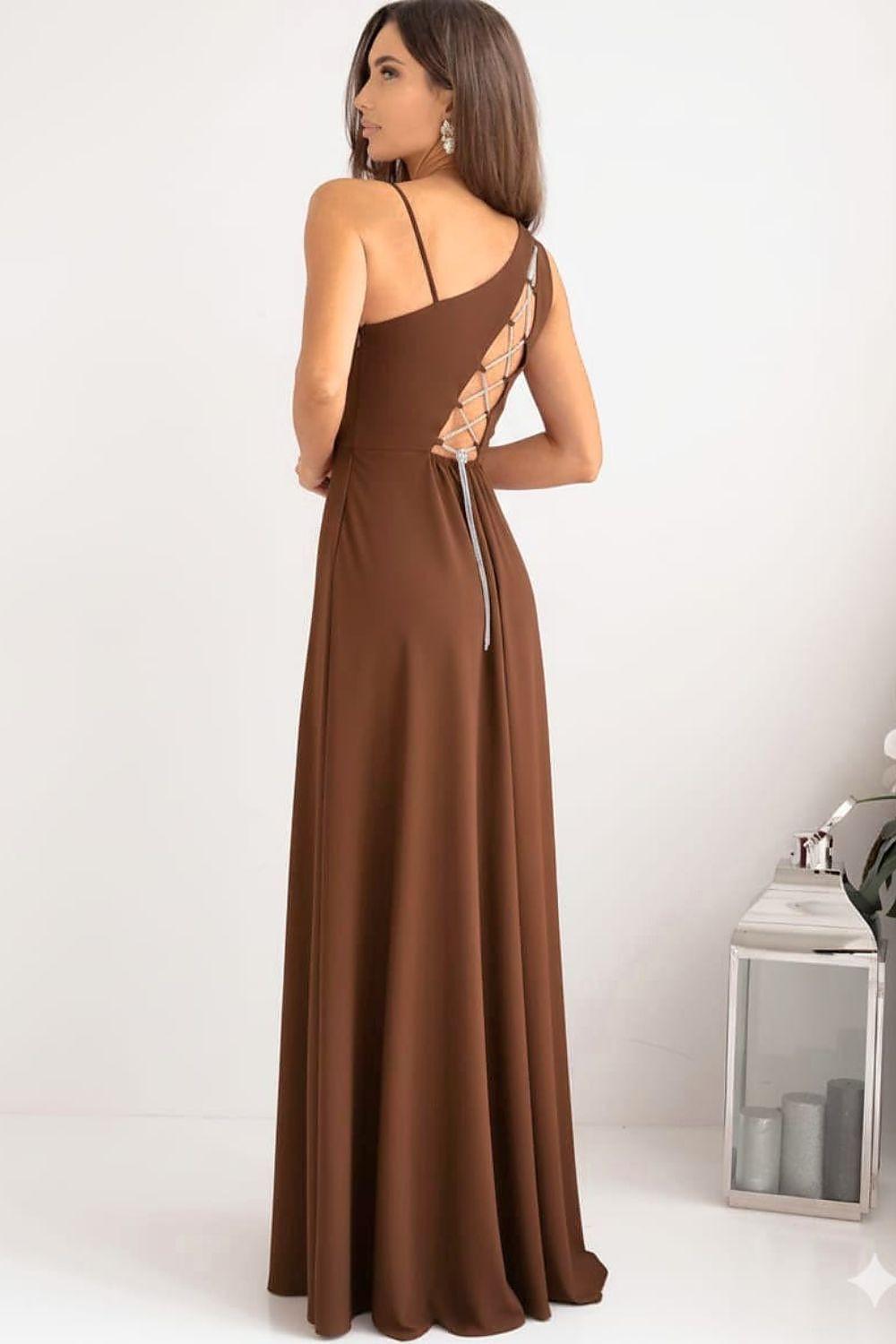 Brown backless long maxi dress with thin spaghetti straps and fitted bodice