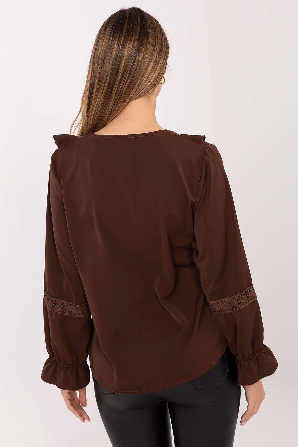 Brown blouse back view with ruffled shoulders and lace trim on sleeves