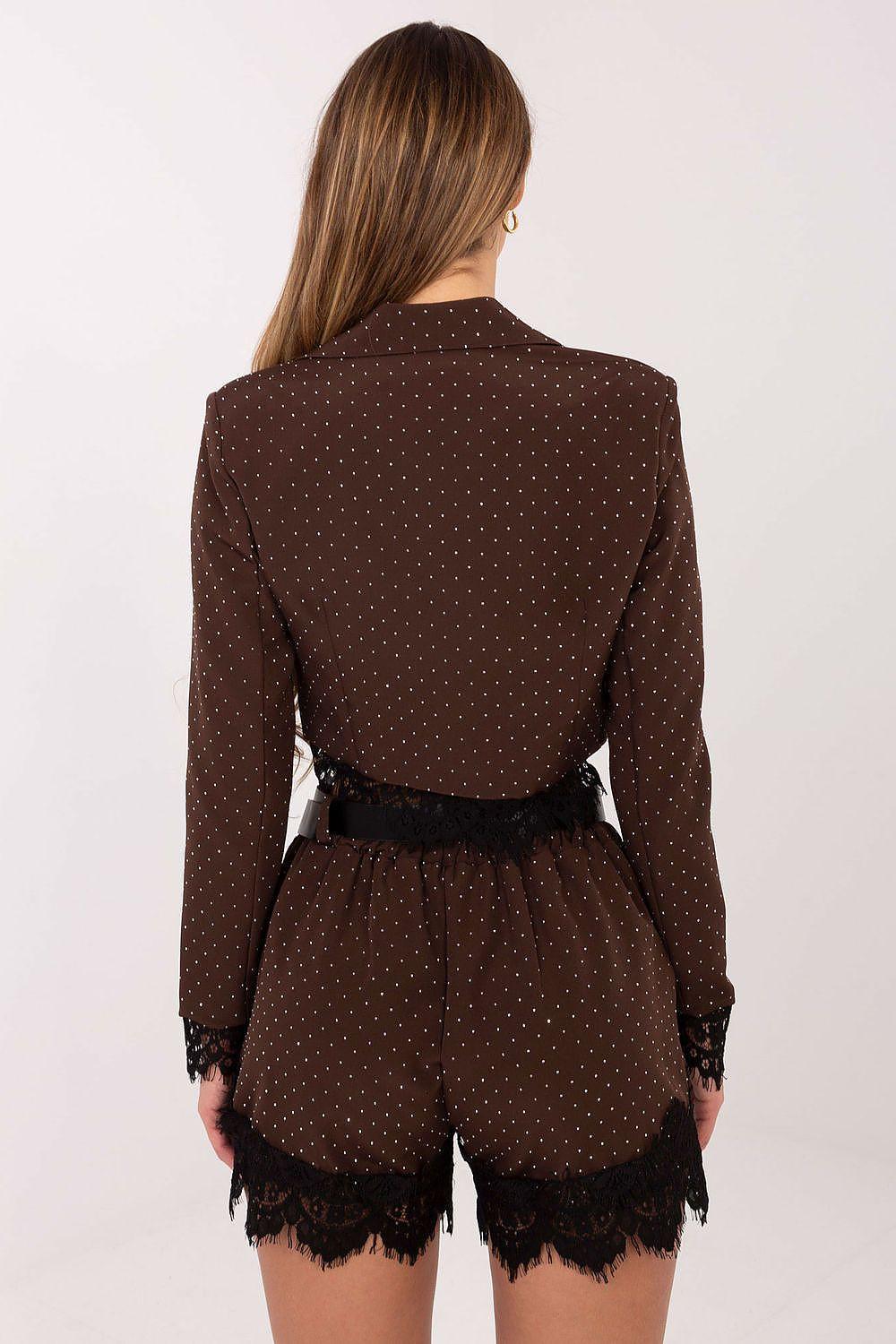 Dark brown dot-pattern shorts with elastic waist and lace-trim hem
