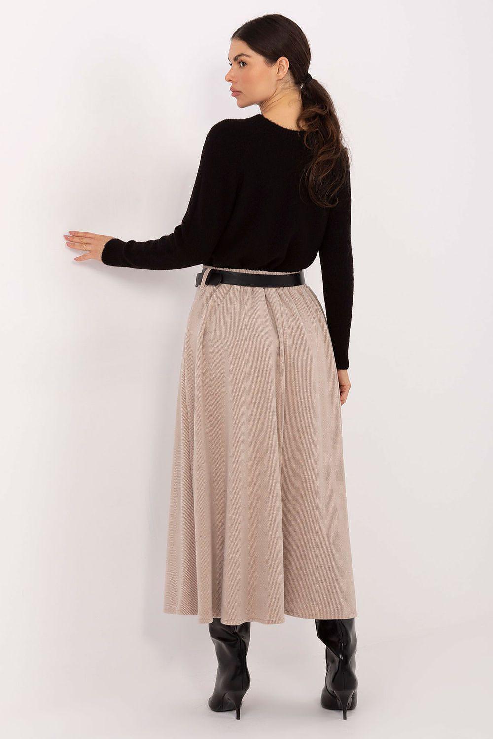 Beige midi A-line skirt with wide belt at waist, straight fall