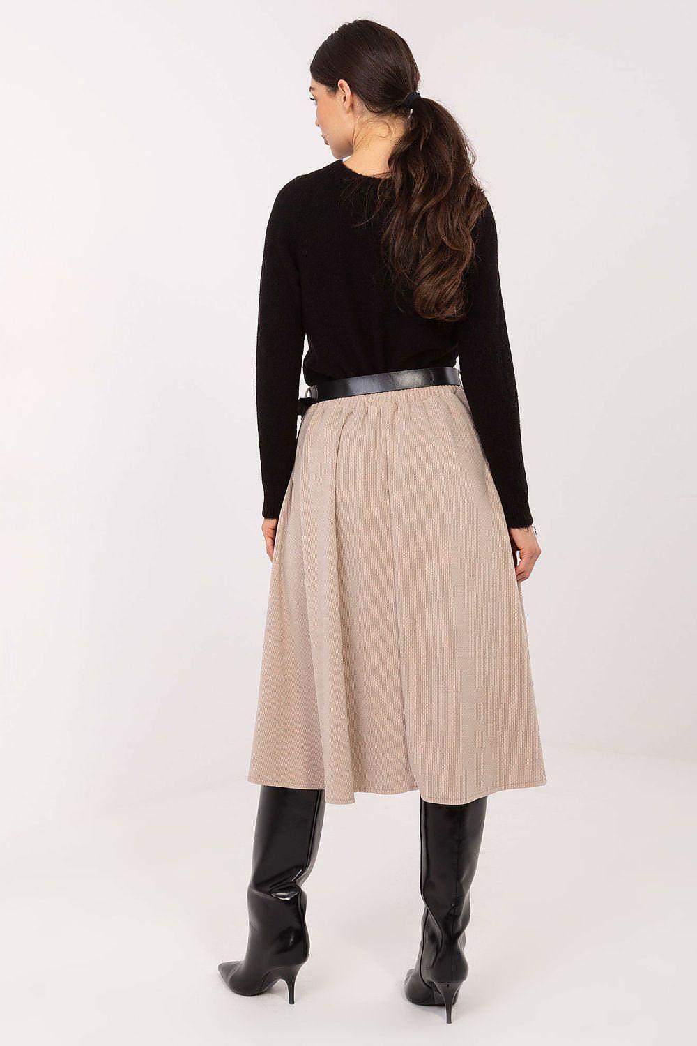 Beige A-line skirt with wide belt and silver buckle, back view