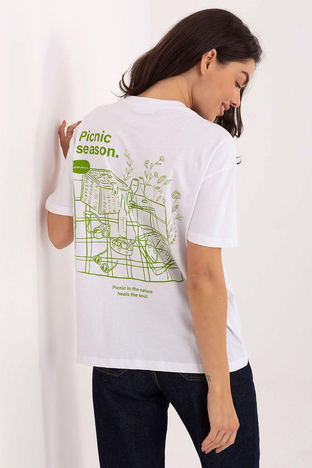 White women’s t-shirt, back view with green line-art scene and “picnic season” text