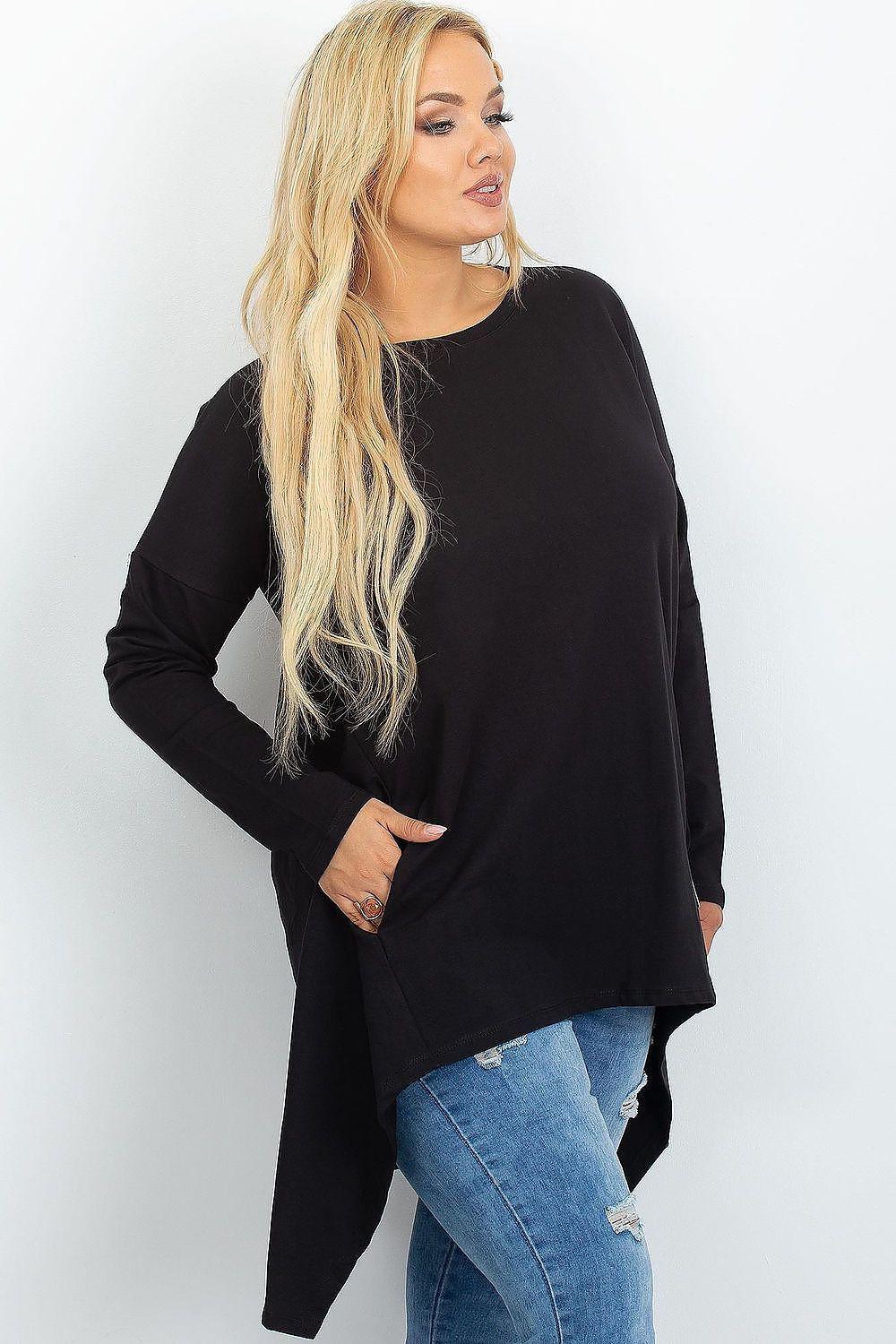 Black plus size tunic with long sleeves, curved asymmetrical hem and draped front