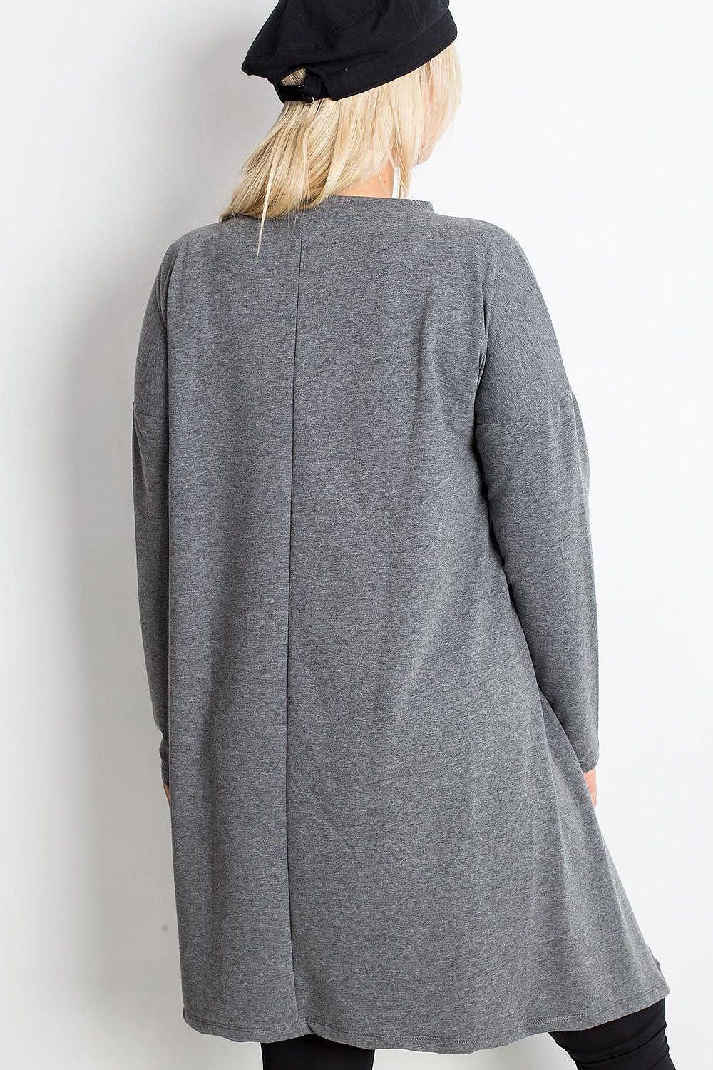 Back view grey long-sleeve tunic with center back seam and angled hem