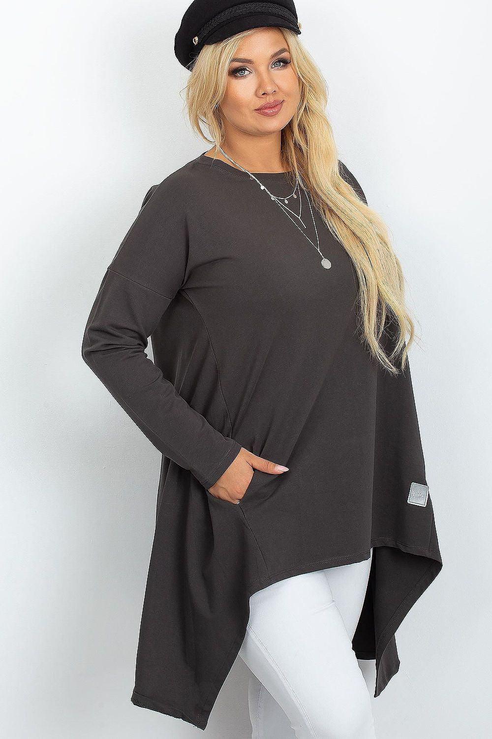 Asymmetrical long-sleeve tunic in dark grey with long uneven hem and rounded neckline.