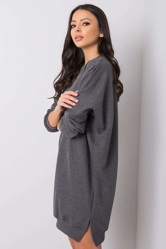 Grey sweatshirt daydress with crew neck and long sleeves, side-slit hem, relaxed fit