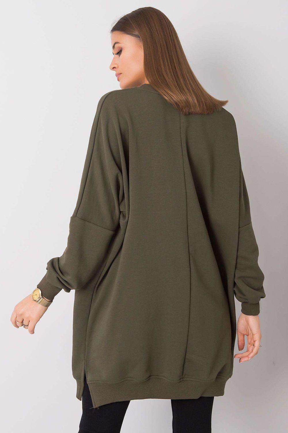 Relevance daydress in olive green, back view with long sleeves and tunic hem.