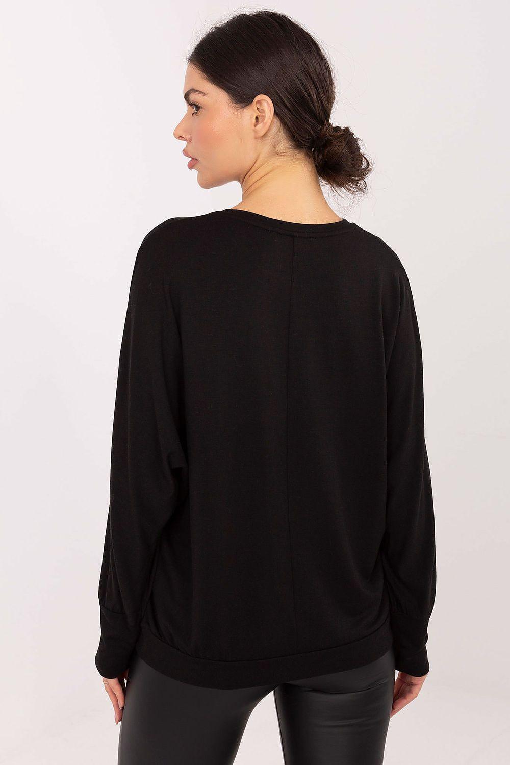 Black long-sleeve blouse back view with crew neckline and straight hem