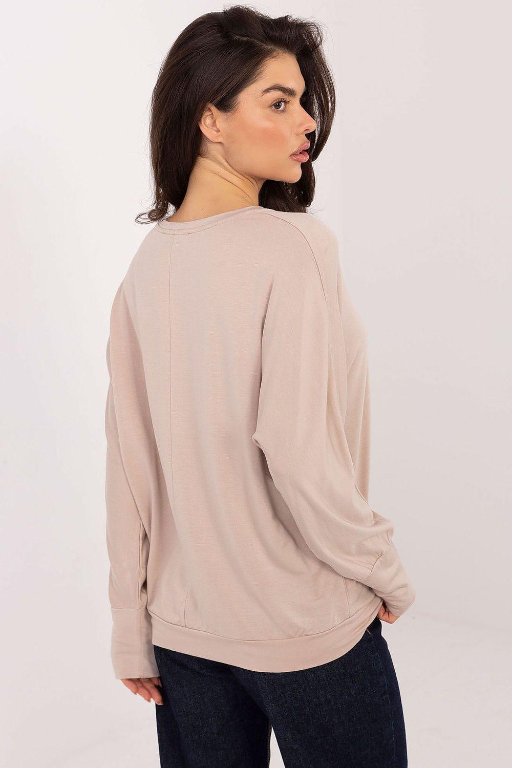 Beige long-sleeve blouse, back view with crew neckline