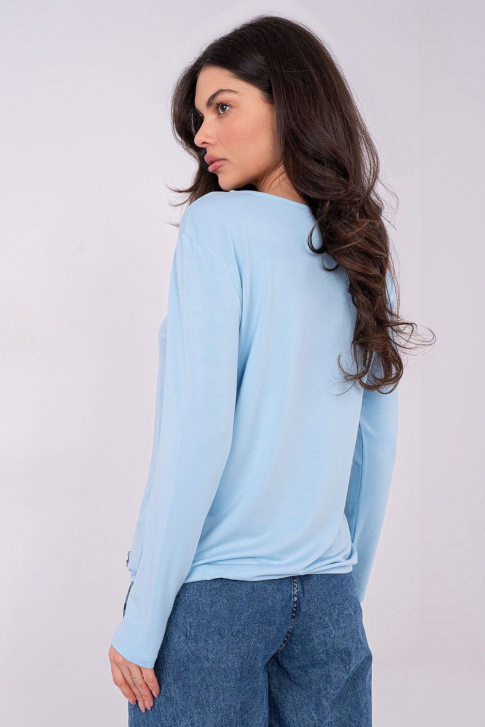 Light blue long-sleeve blouse from side view with crew neck