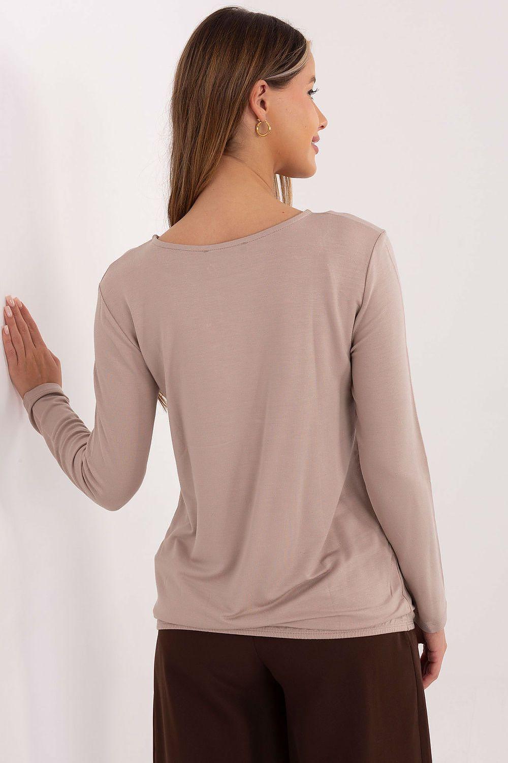 Beige long-sleeve blouse with round neckline, back view