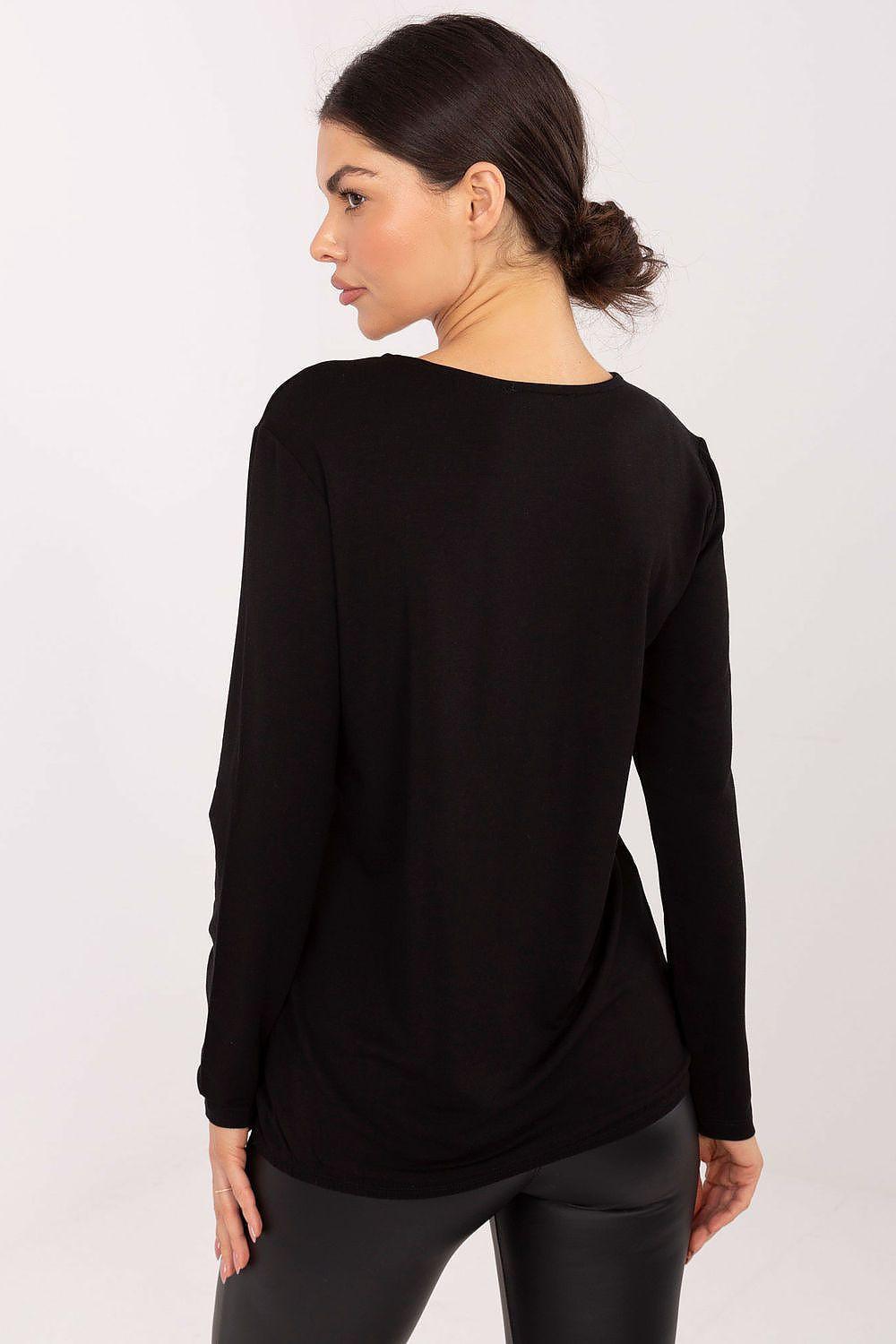 Black long-sleeve blouse, back view with rounded neckline and slight drape
