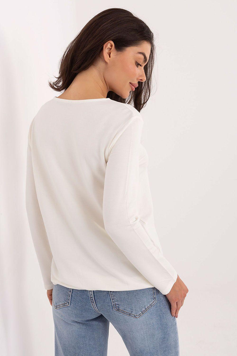 Long-sleeve blouse with round neckline, back view, smooth drape