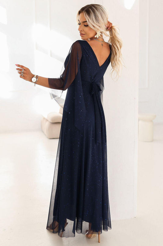 Glitter navy maxi evening dress, V-back with sheer long sleeves and flowy skirt