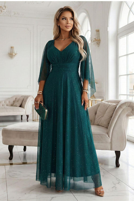 Numoco long green evening dress, V-neck bodice, glitter texture, sheer sleeves