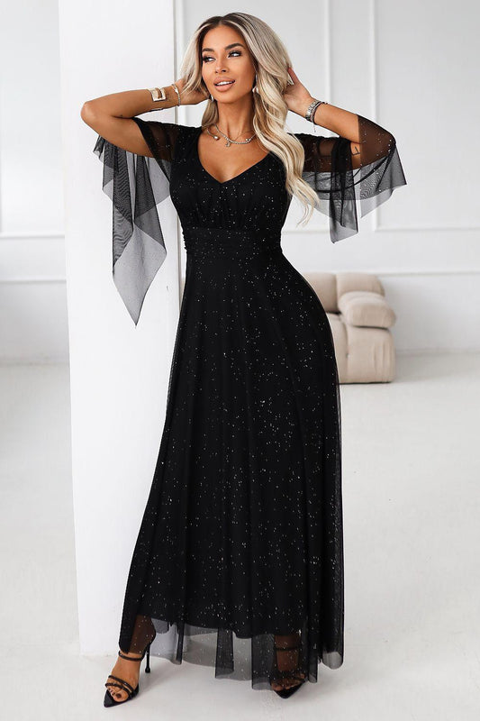 Black long dress with V-neck and sheer draped sleeves, fitted bodice, flowing tulle skirt