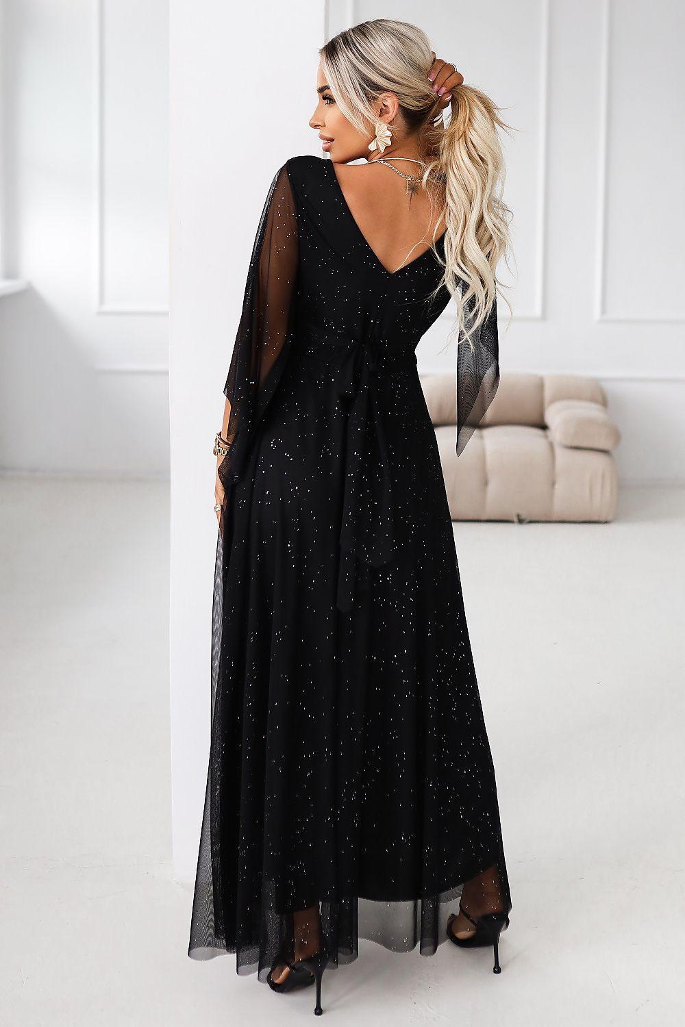 Long black maxi dress with open back V-neck and sheer cape sleeves