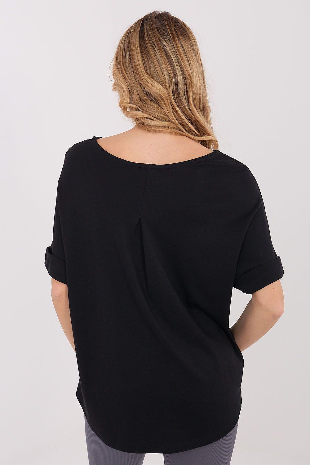 Black short-sleeve blouse, back view with crew neck and loose fit
