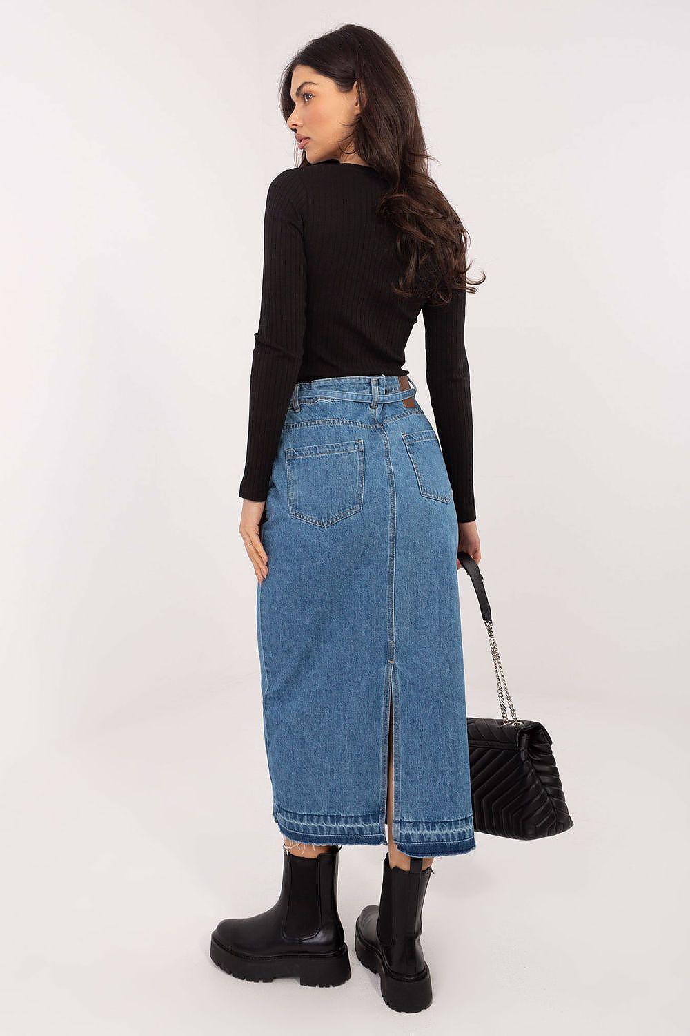 Blue denim midi skirt with stitched panels and center seam, straight profile