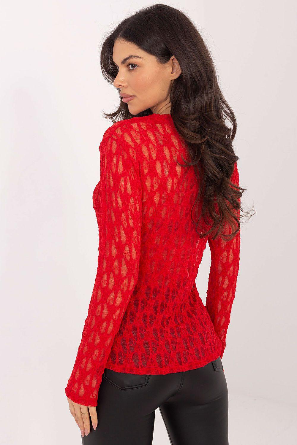 Red lace blouse back/side view with long sleeves and fitted lace body