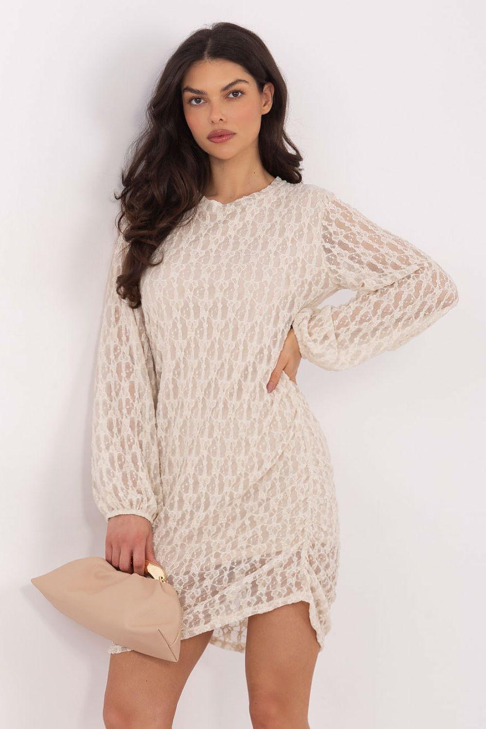 Beige lace mini dress with long sleeves and small textured pattern
