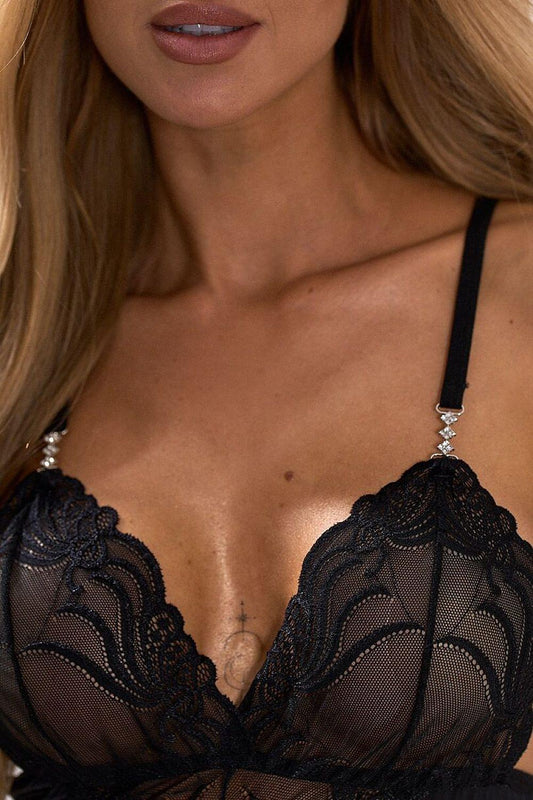 Black lace bust with sheer cups and scalloped edges, thin straps