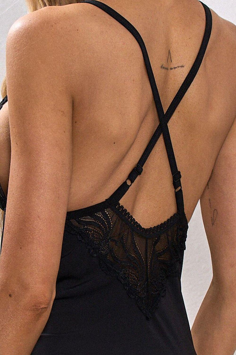 Black lace babydoll chemise back detail with crisscross straps and sheer panel
