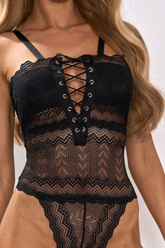 Black lace shapewear body with zigzag mesh, V-neck lace-up front and eyelet trim