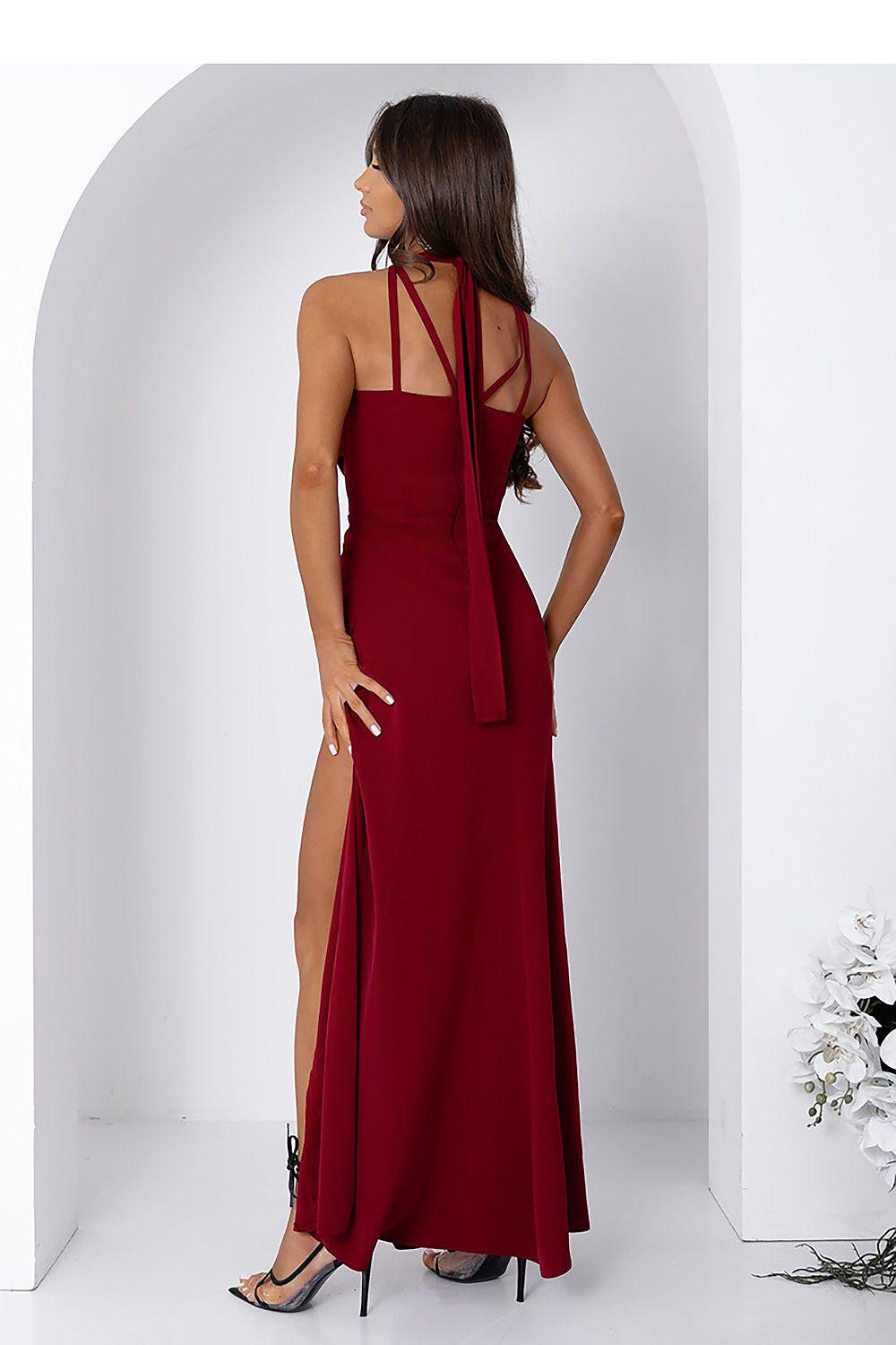 Red long dress, open back with thin straps, long high-neck silhouette