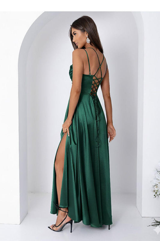 Satin maxi dress in dark green with lace-up back and high slit, spaghetti straps