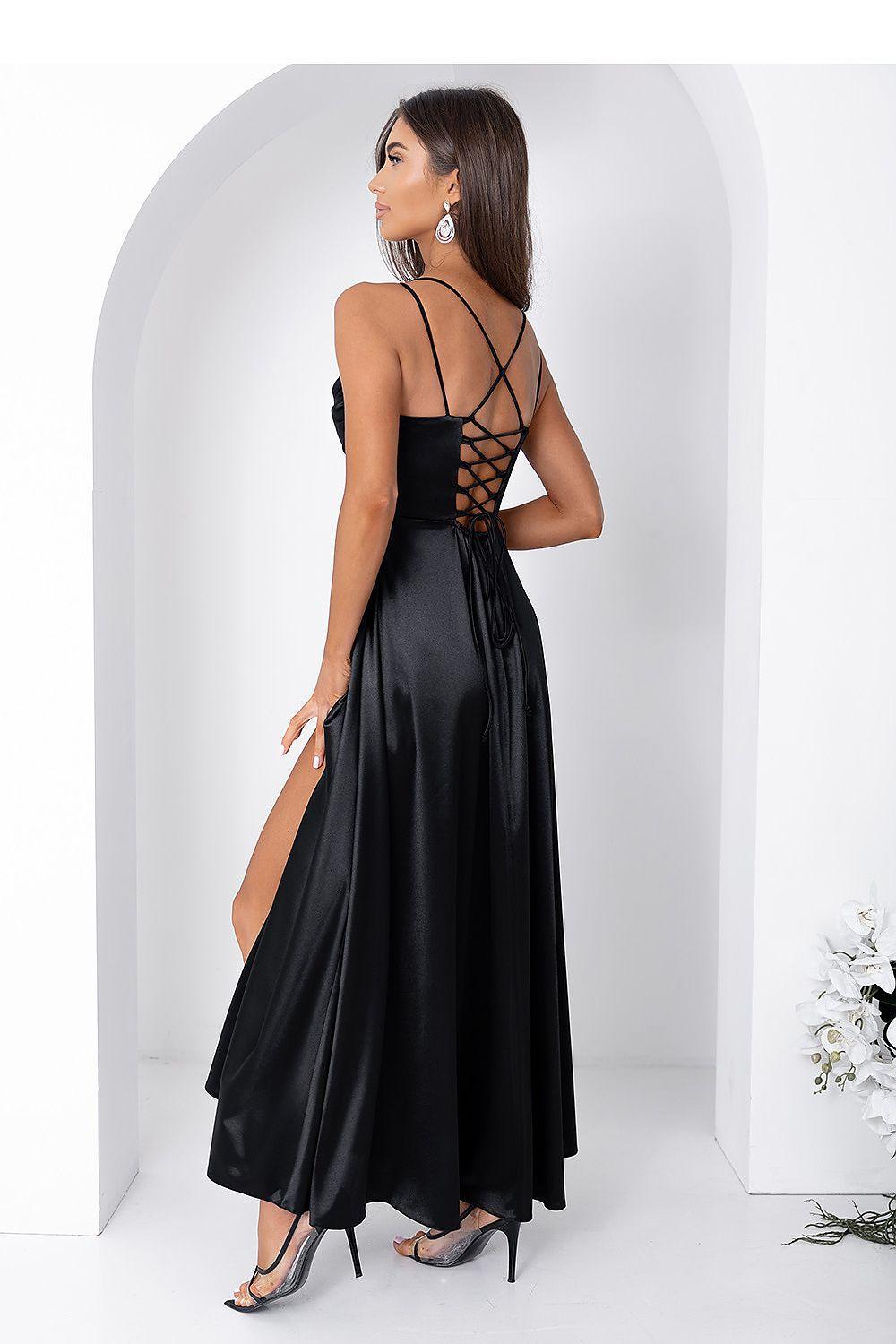 Black satin maxi dress with crisscross lace-up back straps and side slit