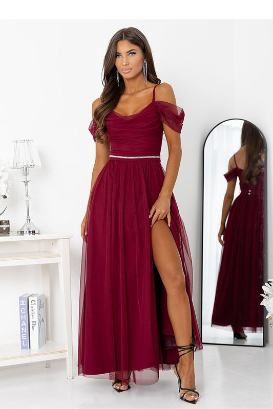 Burgundy long off-shoulder dress with side slit, fitted bodice and tulle skirt