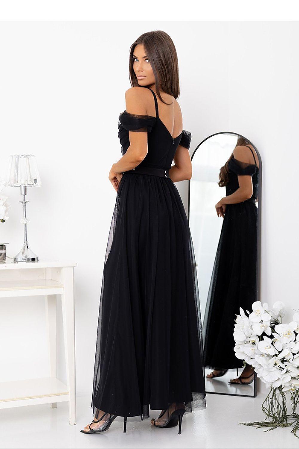 Black off-shoulder maxi dress with smocked waist and high side slit