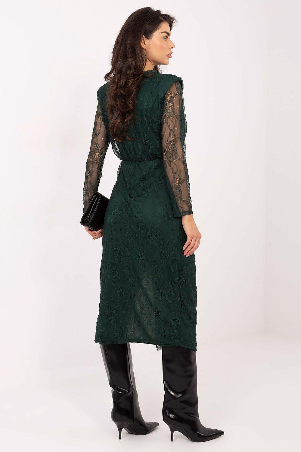 Dark green lace midi evening dress with long sleeves and front slit, back view