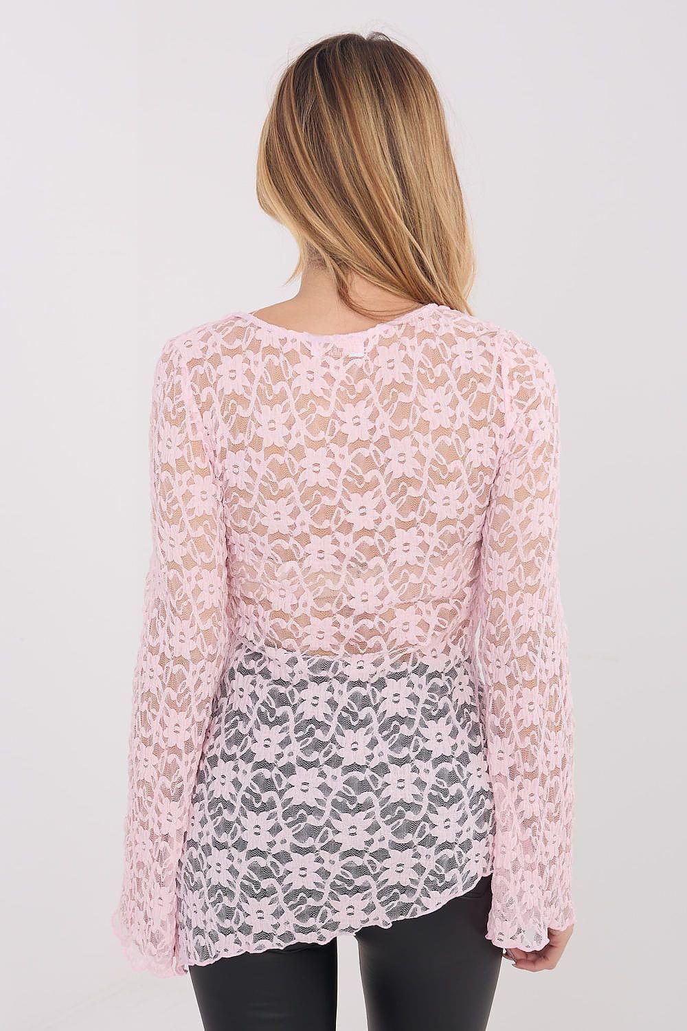 Pink lace blouse back view with long sleeves and scalloped lace hem.