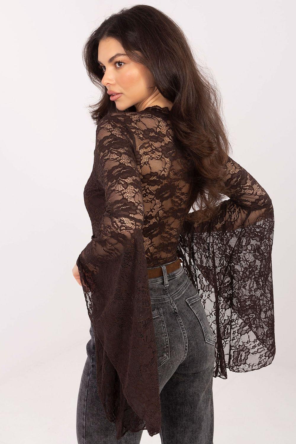 Brown lace blouse with V-neck and long flared sleeves, floral lace pattern