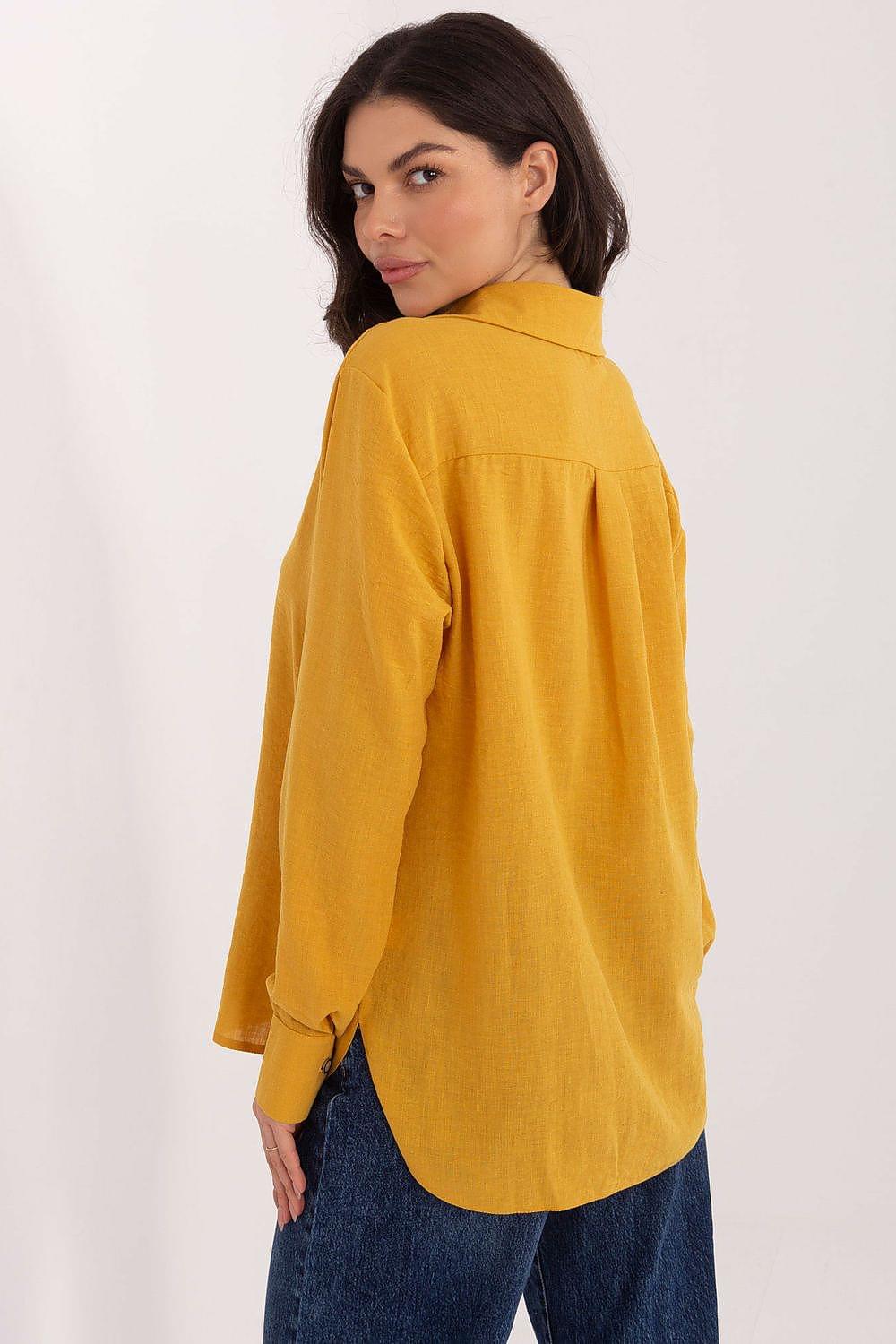 Yellow long-sleeve button-up shirt, back view with collar and button details