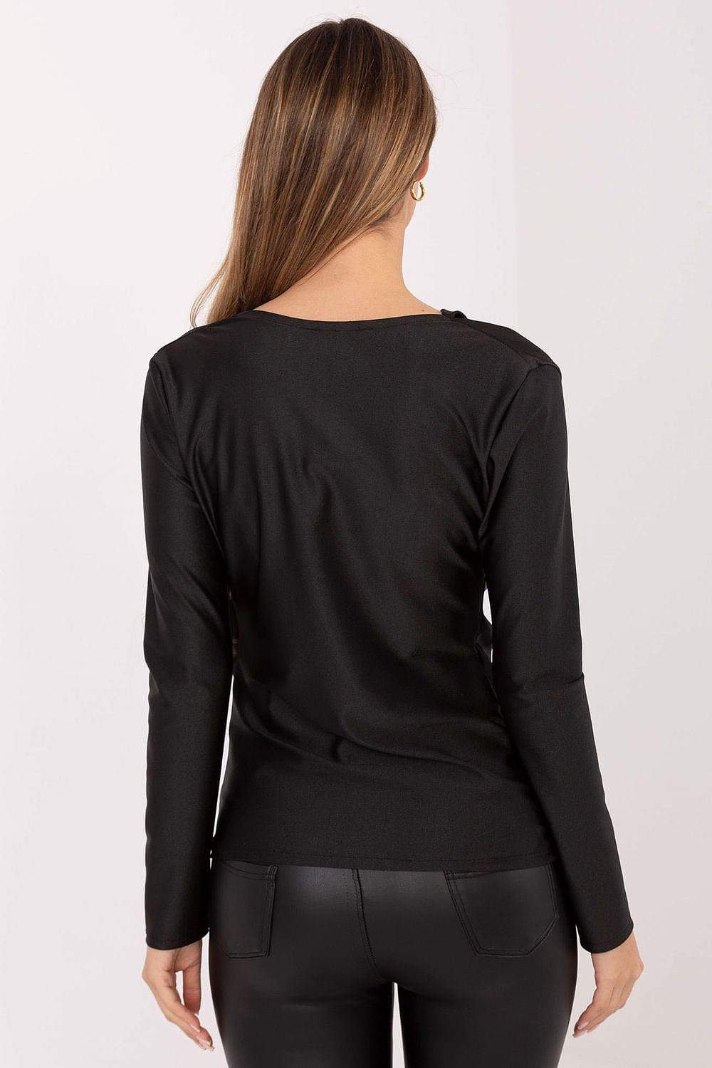 Black long-sleeve blouse with back drape and banded neckline